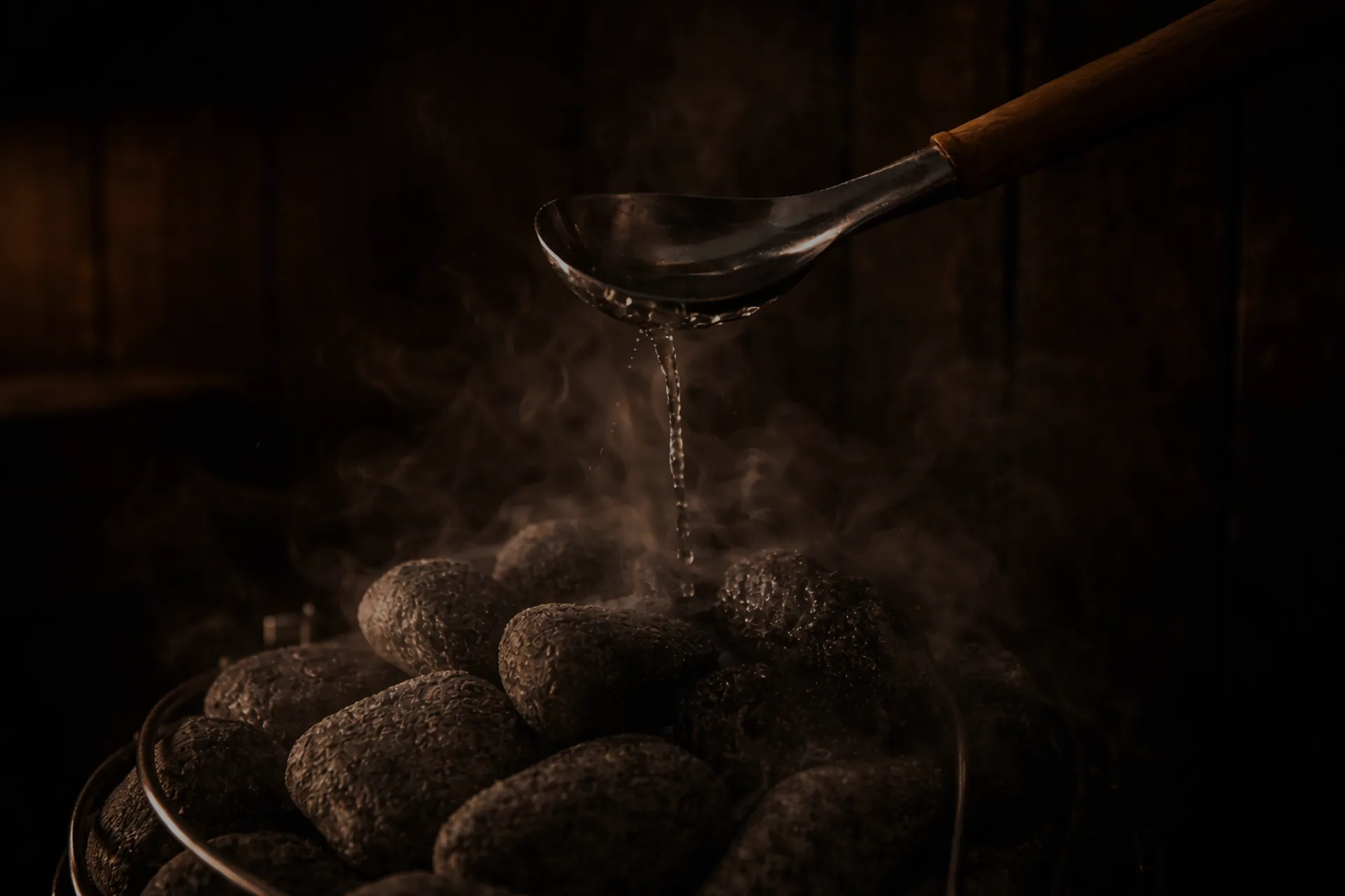 Water poured from a ladle onto hot sauna stones, steam rising